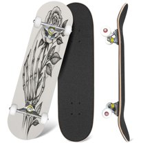 31'' Complete Skateboard 7 Layer Canadian Maple Double Kick Deck Skateboards Handdrawn skeleton bones hand rose flower engraved Skate Board for Beginner Adult Gifts
