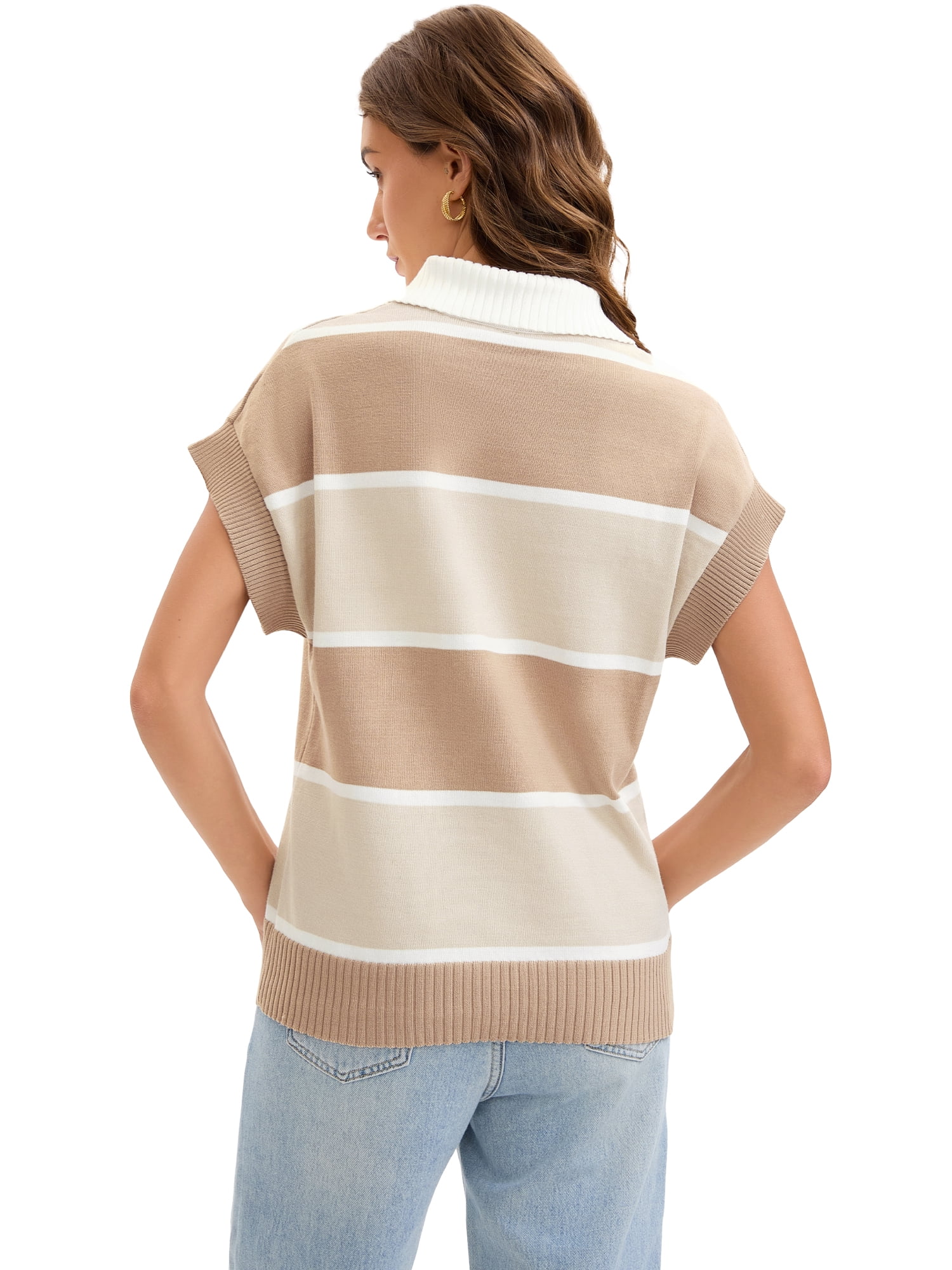 DARING DIVA Women's Striped Short Sleeve Button Down Polo Pullover Tops M Khaki Apricot