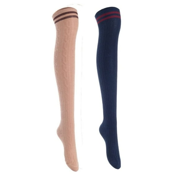 Lian Style Women's 2 Pairs Incredible Durable Super Soft Unique Over Knee High Thigh High Cotton Socks Size 6-9 J1023 Khaki, Navy