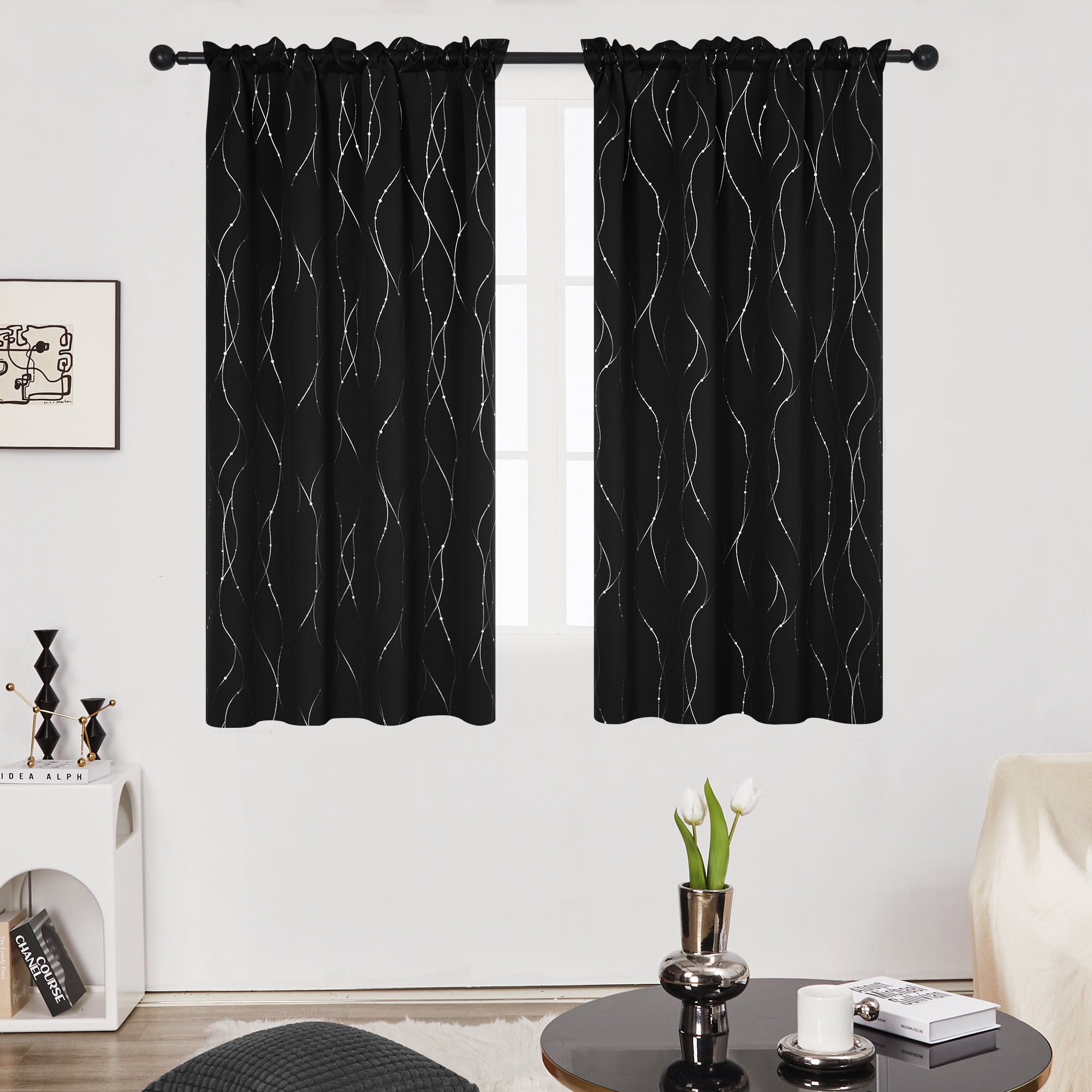 Deconovo Black 42 x 63 inch Blackout Curtains Wave Line Foil Printed Drapes for Bedoom, 2 Panels