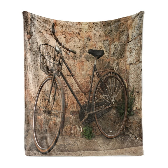 Abandoned Soft Flannel Fleece Blanket, Rusty Vintage Bicycle Left on the Street Urban Transportation Theme, Cozy Plush for Indoor and Outdoor Use, 70" x 90", Brown Pale Brown Green, by Ambesonne