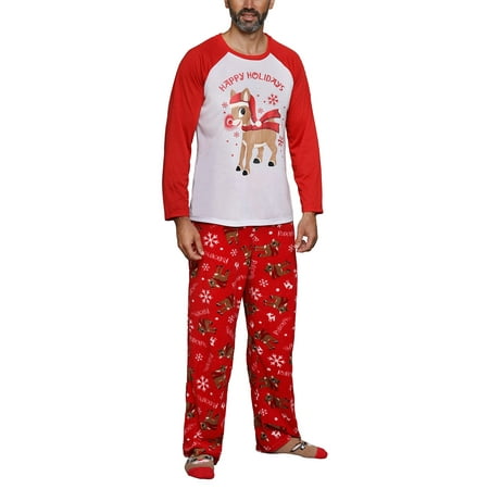

Tretra Christmas Family Pajamas Set Deer Print Round Collar Tops+Trousers