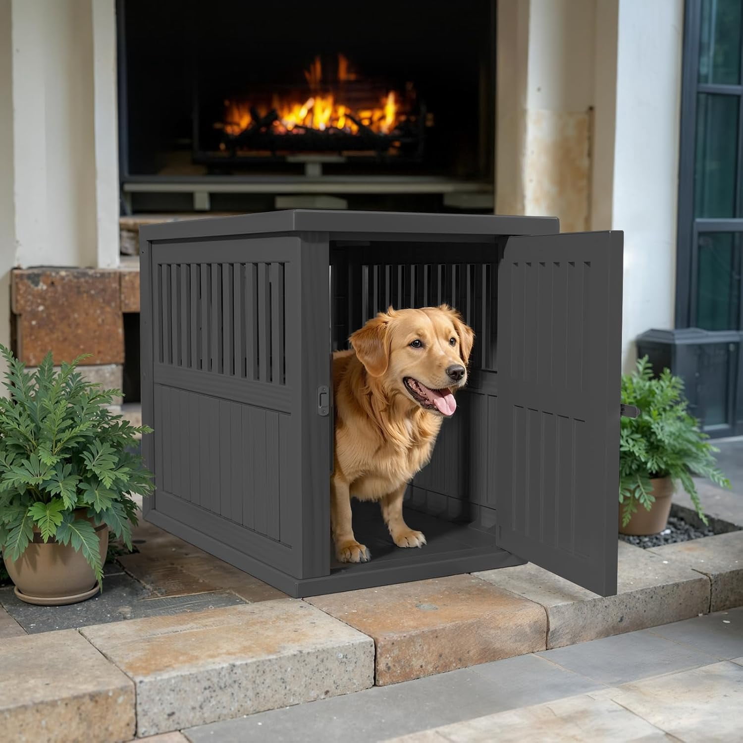 30x21x25in Industrial-Grade Resin Dog Crate for Large Dogs – Weatherproof, Ventilated, Lockable Door Tool-Free Assembly, Portable Handles, Indoor/Outdoor Kennel (Black)