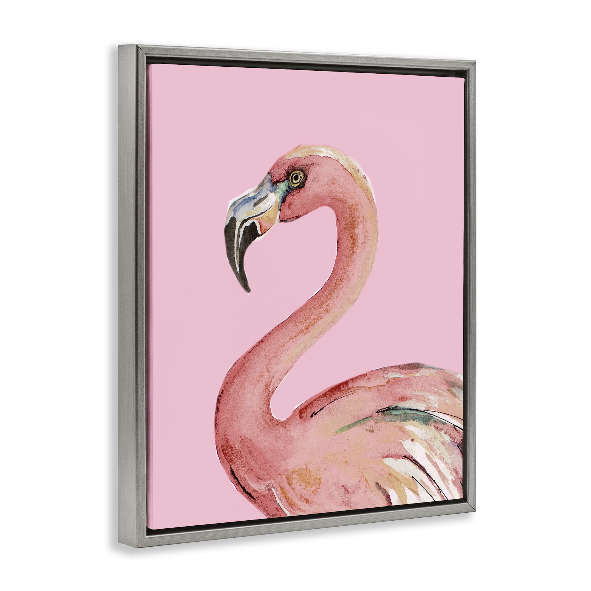 Stupell Industries Flamingo On Pink Animals & Insects Painting Gray Floater Framed Canvas Art Print Wall Art, 17 x 21