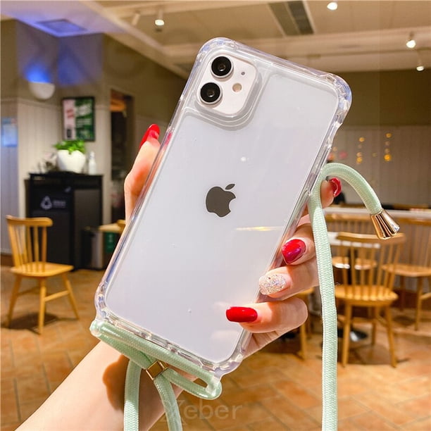 Funda transparente con correa de cordón para iPhone 13 14 Pro Max 12 11 XR X XS Mini 6S 7 8 Plus SE, funda acrílica a prueba de golpes Tan Jianjun unisex