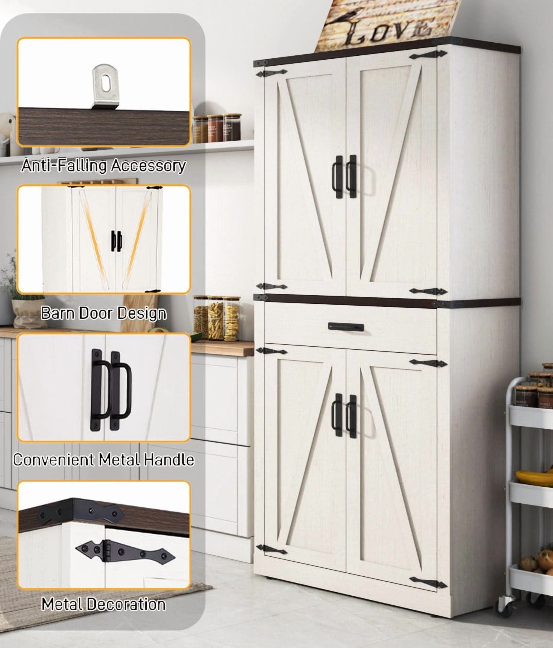 72" Tall Kitchen Pantry, Farmhouse Pantry Cabinet with 1 Drawer & 4 Layer Adjustable Shelves, Rustic Wood Storage Cupboard with Metal Load-Bearing Pipe for Kitchen Bathroom Living Room Hallway