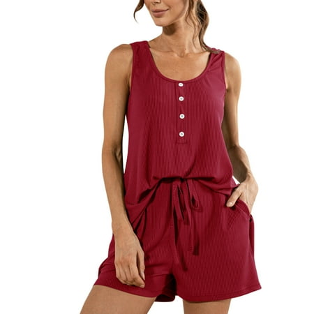 

Women Summer Sleeveless O Neck Button T Shirt Vest Suit Pajamas Lacing Shorts