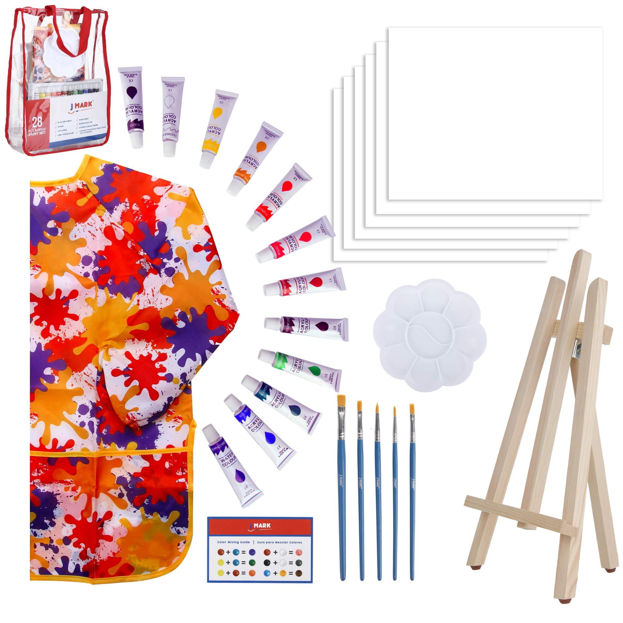 J Mark Kids Paint Set and Paint Easel Acrylic Painting Kit, Safe Washable Paints, Wood Easel, 2 Pre-Stenciled Canvases 8 x 10 Inches, Brushes, Palette