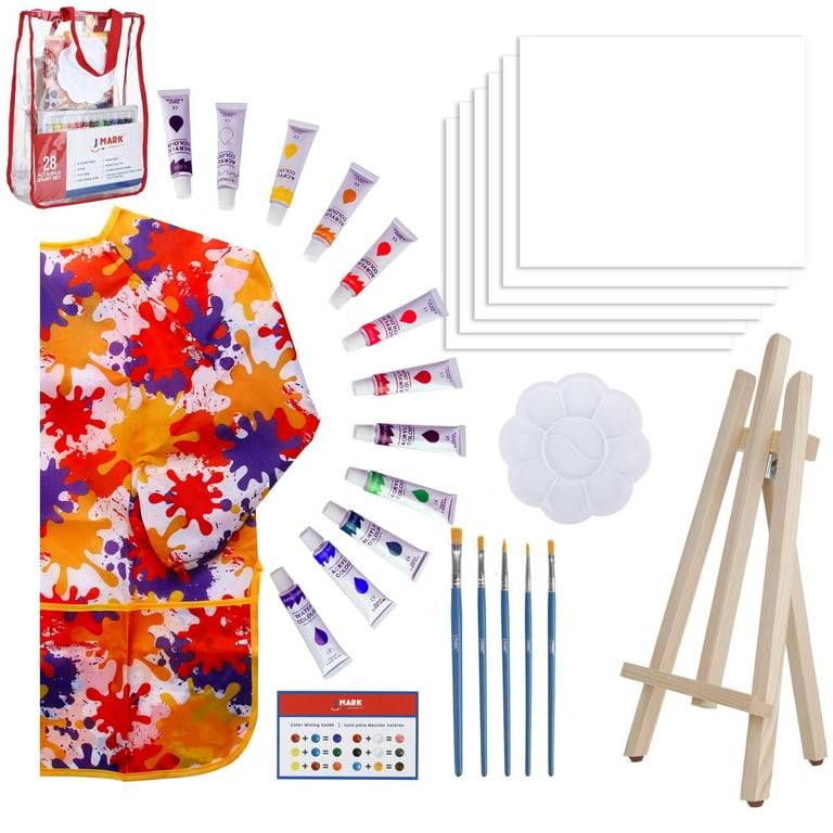Loomini 27 Pc Kids Paint Set: Canvas, Tabletop Easel, Brushes - Ages 8-12 