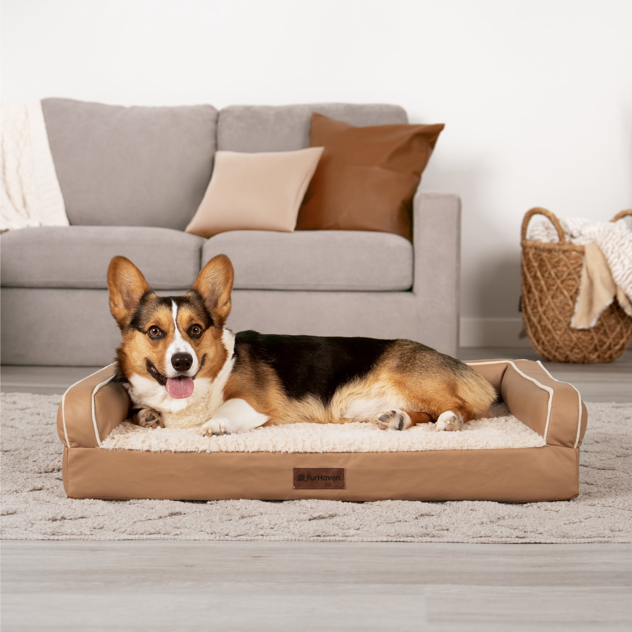 FurHaven Medium (20"x30") Orthopedic Dog Bed – Textured Plush & Coated Poly Modern Sofa Pet Bed, CertiPUR-US Foam, Removable Washable Cover, Camel