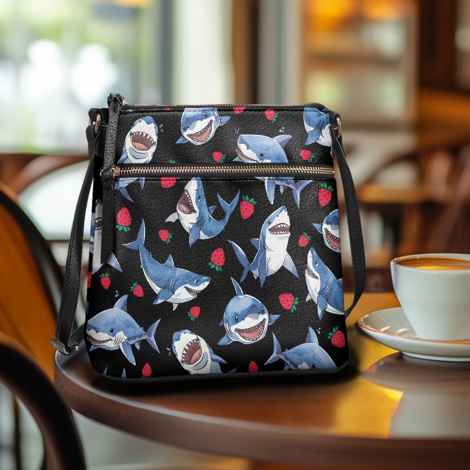LedBack Shark Strawberry Print Leather Crossbody Satchel Purse Hobo Bag for Women, Sling Zipper Shoulder Handbag Messenger Bag with Adjustable Strap and Zipper Pocket, Black and Blue