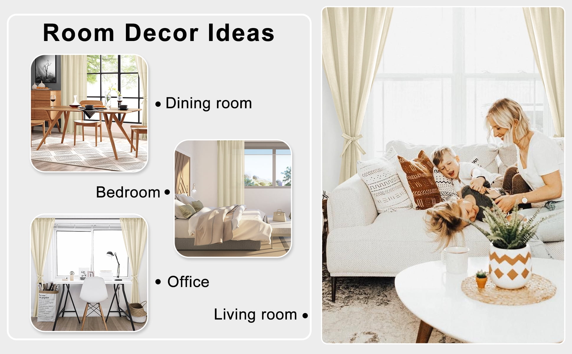 XWZO Semi Sheer Linen Curtains,Privacy Enhancing & Light Filtering Rod Pocket Drapes for Living Room with Tiebacks(Beige,W52 x L45 Inch,2 Panels)