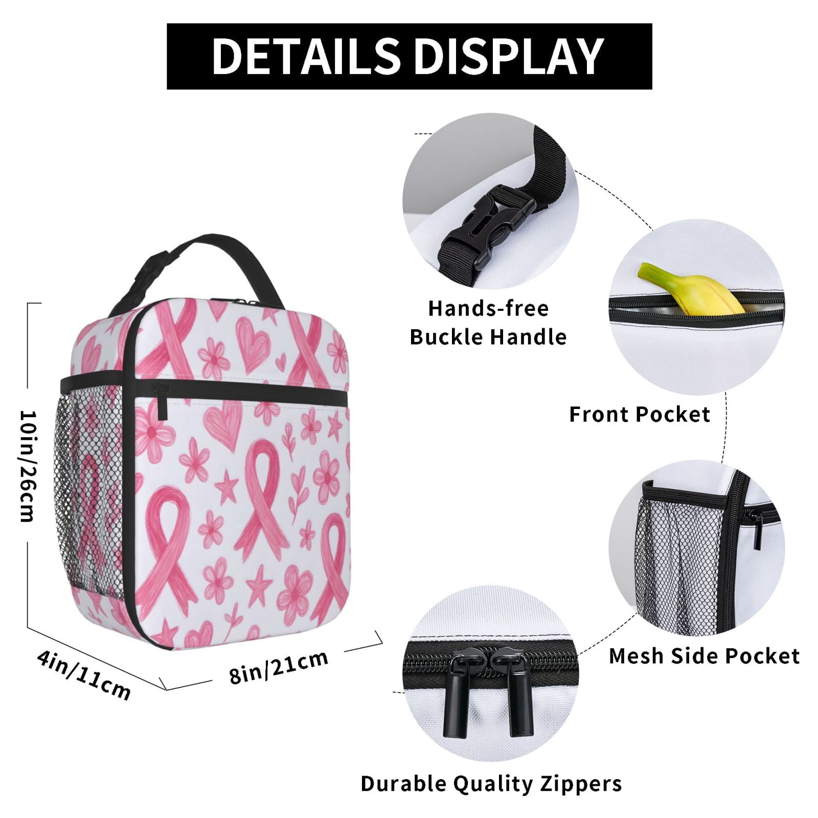 Lunch Bag For Women Men Insulated Portable Lunch Box Bento Box Office Picnic Travel Cooler Bag Artistic Pink Ribbon Pattern With Sketched Elements