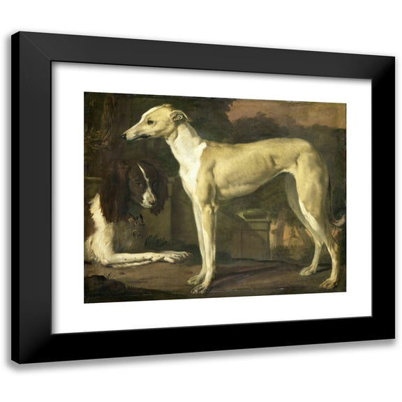 Jan Weenix 14x12 Black Modern Framed Museum Art Print Titled - Portrait of a Greyhound and Spaniel (1665 - 1680)