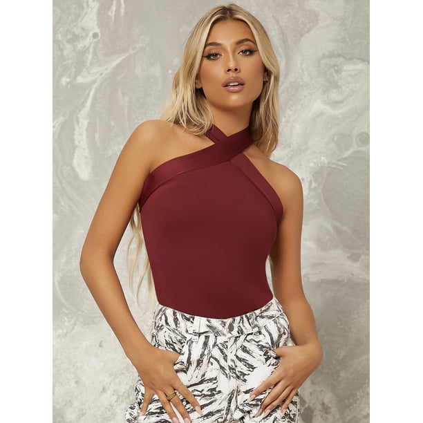 Women s Form Fitting Crisscross Halter Top 2022 Burgundy Elegant A046W 