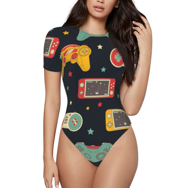 Balery Retro Video Game Body de cuello redondo de manga corta para mujer Tops de manga corta Tops básicos-X-Large