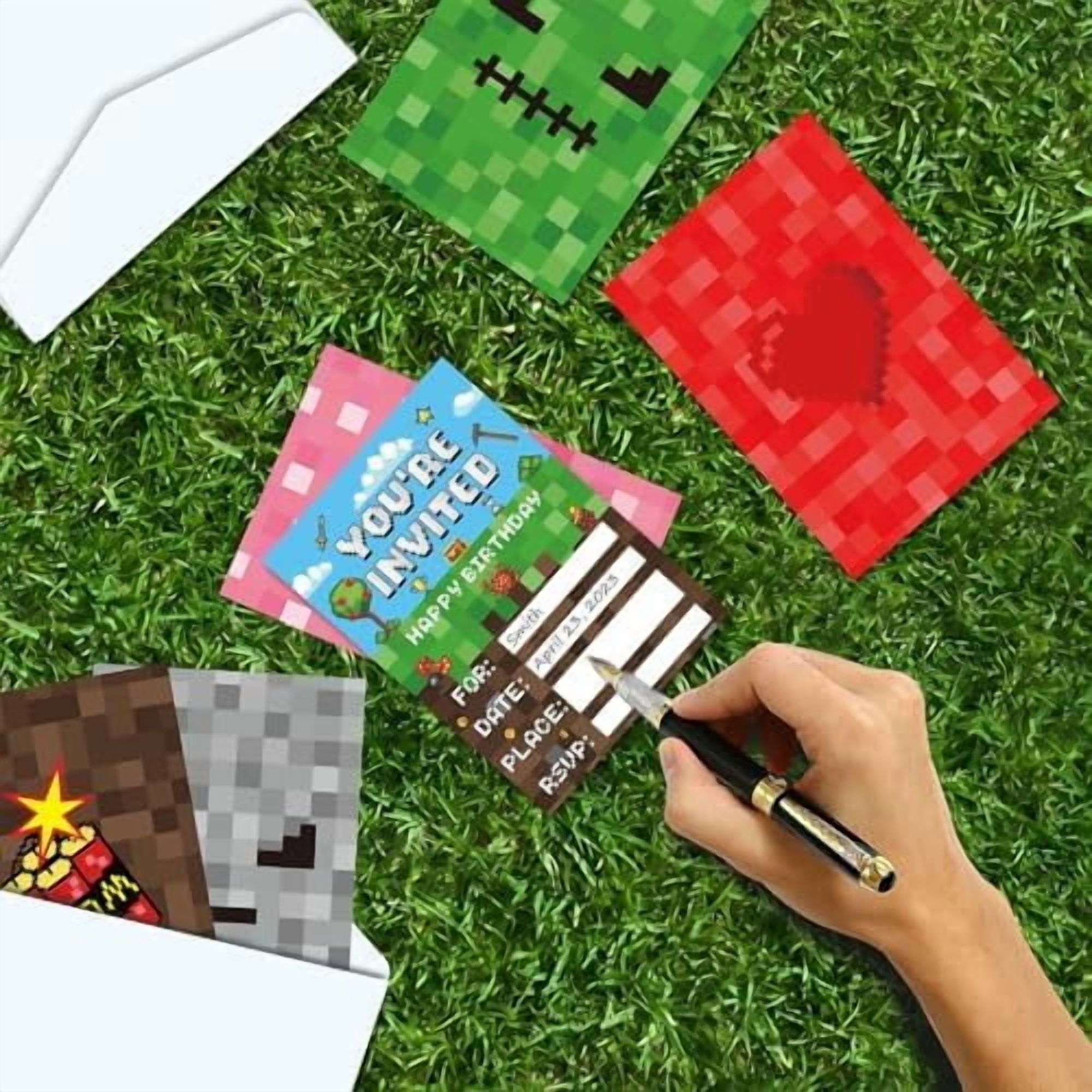 30 Sets Pixel Birthday Party Invitations with Envelopes Sticker Video Game Party Invitations Invites Card for Kids Boys Pixel Theme Favors