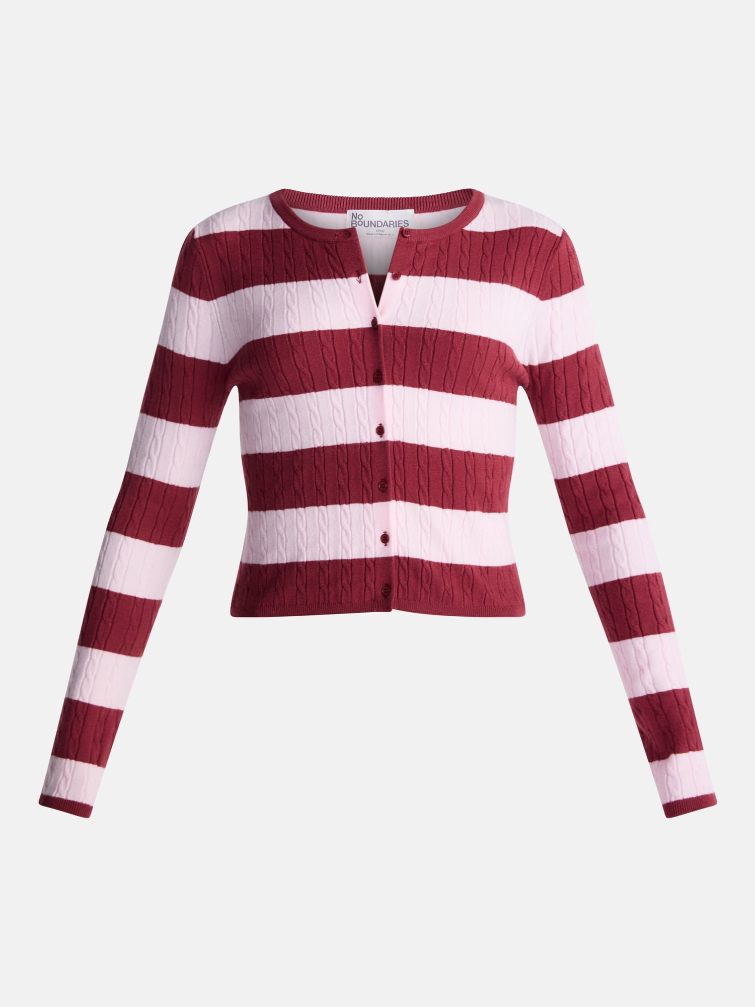 No Boundaries Cable Knit Crewneck Cardigan, Women's XXS-4X