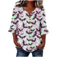 thumbnail image 2 of Hvogkswy Halloween Shirts for Women Button Print 3/4 Sleeve Henley Shirts Loose Comfy Holiday Party Casual Shirt, Gifts for Women, 2 of 7