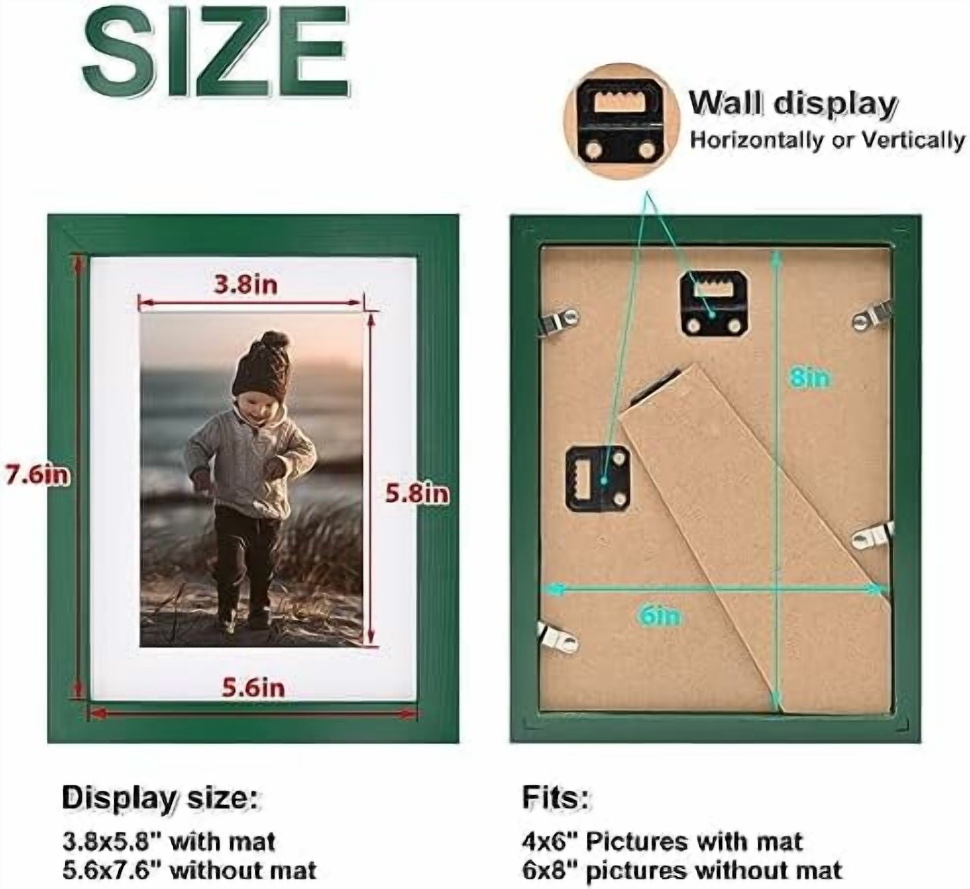6x8 Picture Frame, Green Solid Wood Frame with Acrylic Plexiglass for Pictures 4x6 with Mat or 6x8 without Mat, Tabletop and Wall Mounting Display Photo Frame 1 Pack