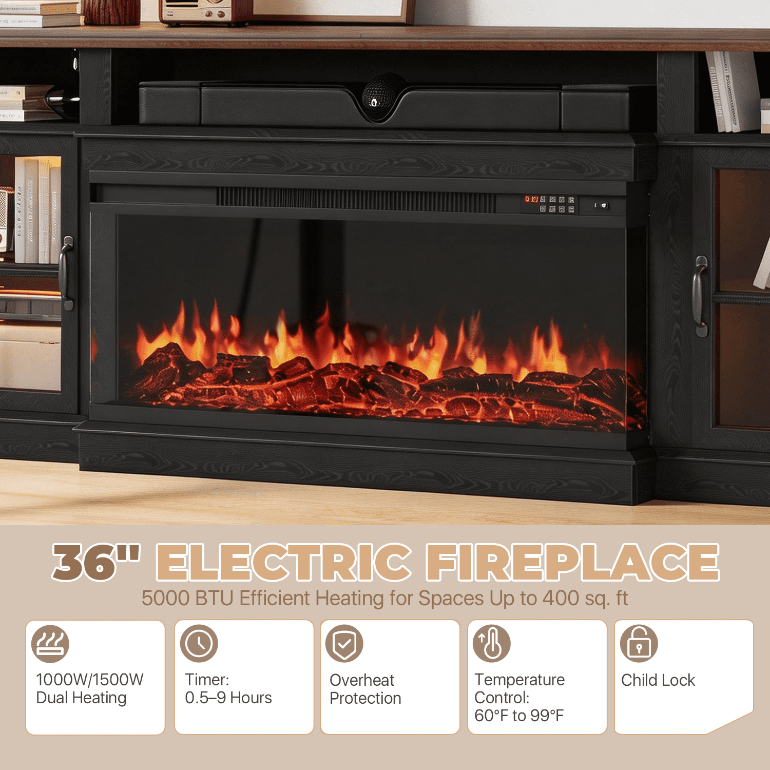 BaPiPro 80" Farmhouse Fireplace TV Stand for TVs Up to 90", Entertainment Center with 3-Sided 36" Electric Fireplace & LED Lights, 2 Drawers & 2 Storage Cabinet, Black