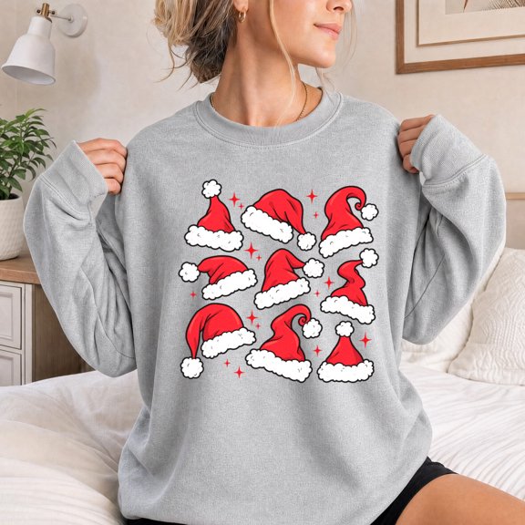 Jollimate Sweatshirt for Women, Christmas Santa Hats Pattern Graphic, Cute Holiday Party Gift