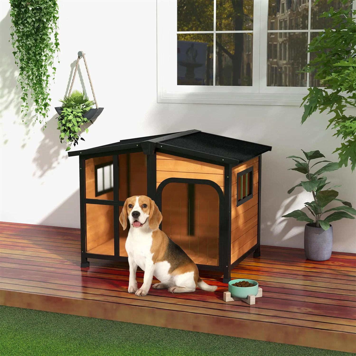 Pefilos 42" Outdoor Cabin Style Dog House with Openable Roof & Giant Window, Wooden Dog Kennel Weatherproof for Small to Large Dogs, Yellow
