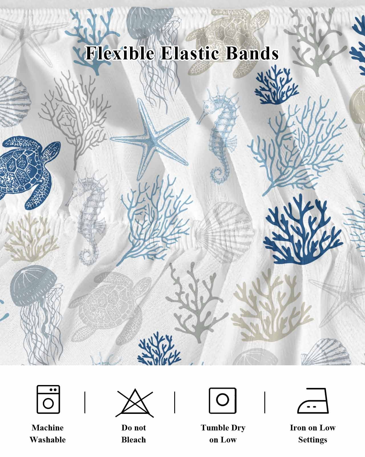 Navy Blue Coastal Bed Skirt Cal King Size, Nautical Summer Beach Coral Sea Turtle Wrap Around Bed Skirting with Adjustable Elastic Strap, Dust Ruffled Pleated Bedskirts 18 Inch Drop for Bedroom Beds