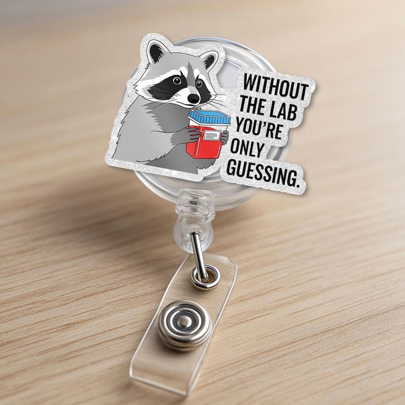 ViciArt Funny Lab Badge Reel, Acrylic Retractable ID Holder, Raccoon Specimen Cup