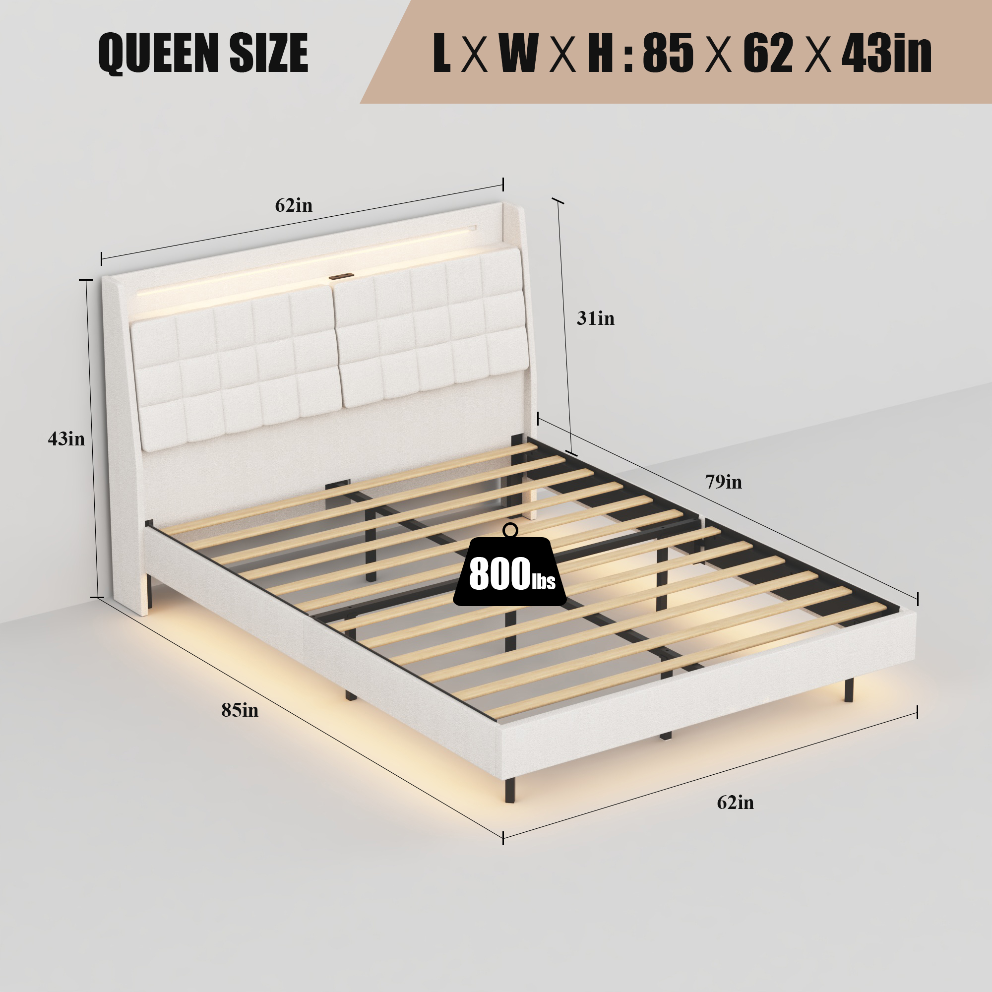 Queen Size Floating Bed Frame with LED Light and Charging Station, Upholstered Platform Bed Frame with Headboard and Hidden Storage Space, No Box Spring Needed,Beige