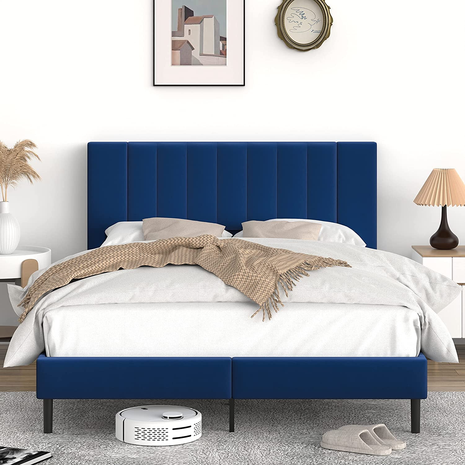 Flolinda Queen Bed Frame with Velvet Upholstered Vertical Channel