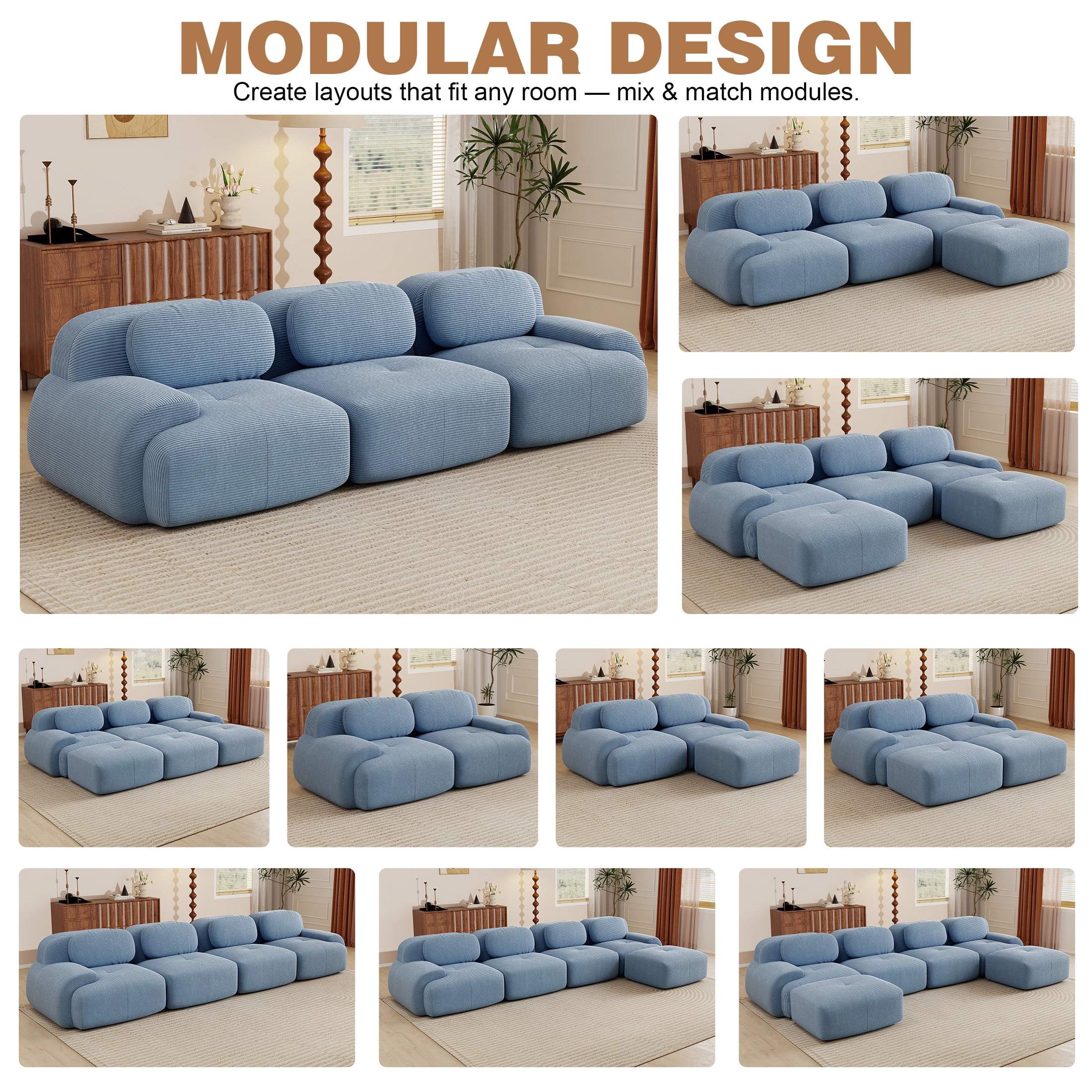 Aukfa 118" Modular Sectional Sofa, 3-Seater Deep Seat Couch for Living Room, Corduroy, Blue