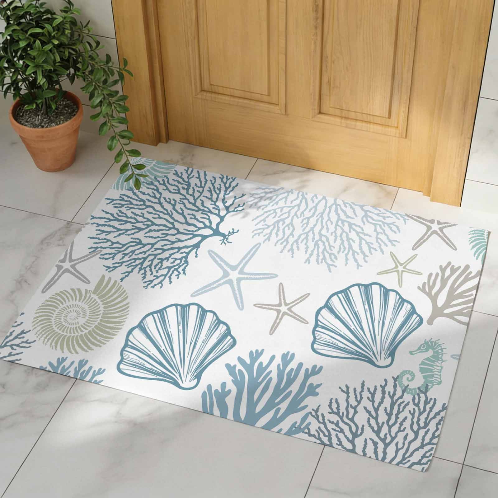 Light Blue Teal Coastal Indoor Door Mat - 16"x24", Non-Slip Welcome Mat for Outdoor, Summer Beach Coral Shell Ocean Front Doormat for Entry, Low-Profile Doormat Entrance Rug for Kitchen/Bathroom