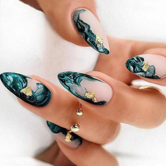 YATLTE Press on Nails, Short Length Green Leaf Fake Nails, Almond Shape Reusable Spring Floral False Nails, 24Pcs Glue on Nails, for Women Girls Nail Art
