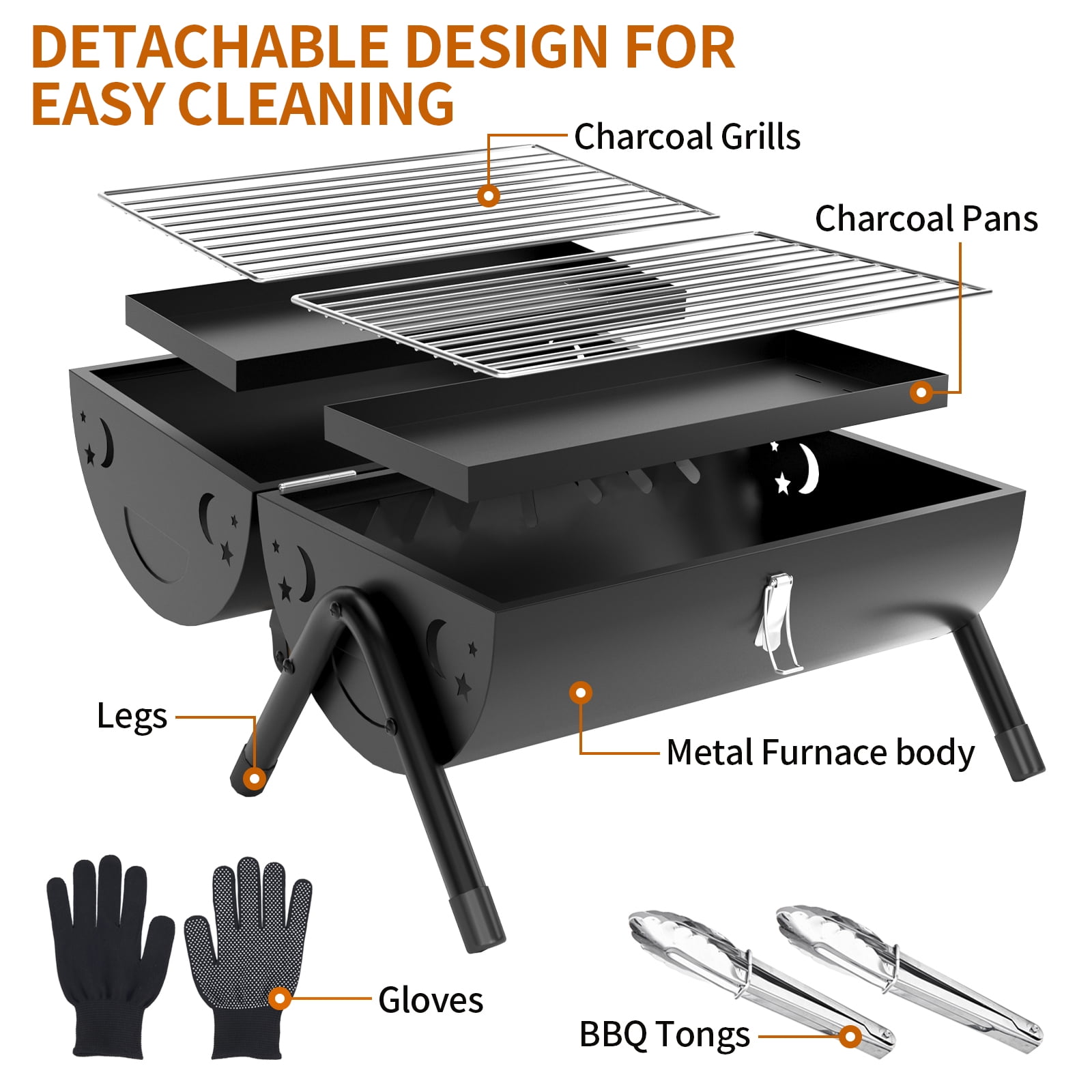 Capri Portable Charcoal Grill with Chimney, Small BBQ Grill Double Sided BBQ Area, Mini Tabletop Charcoal Barbecue Grill for Outdoor Camping Backyard Party BBQ Cooking, Easy to Carry and Assembly