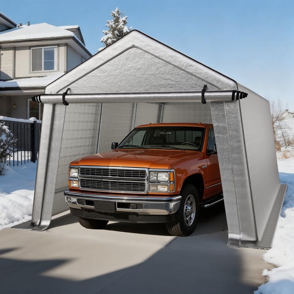 10 x 15 FT Carport, Portable Shed w/220G Heavy Duty Waterproof PE Tarp, Roll-up Zipper Door & Vent, Weather-Resistant Storage Shed for Motorcycle, Bike, ATV and Tools, Gray