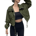 thumbnail image 3 of Womens Cropped Jacket Zip Up Oversized Utility Anorak Coat with Pockets Green L, 3 of 8