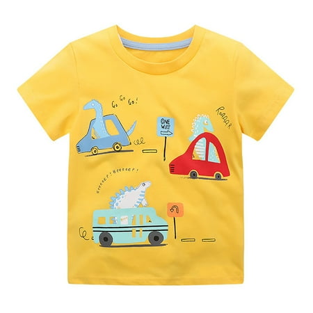 

Toddler T-shirts Boys Children s Shortsleeve Tees Fashion Cartoon Dinosaur on Car Printing Baby Cotton T-shirts 12M-8T