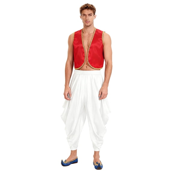 Aislor Men Character Arabian Prince Vest Outfits Open Front Waistcoat Top With Harem Pants Set Burgundy White XXL
