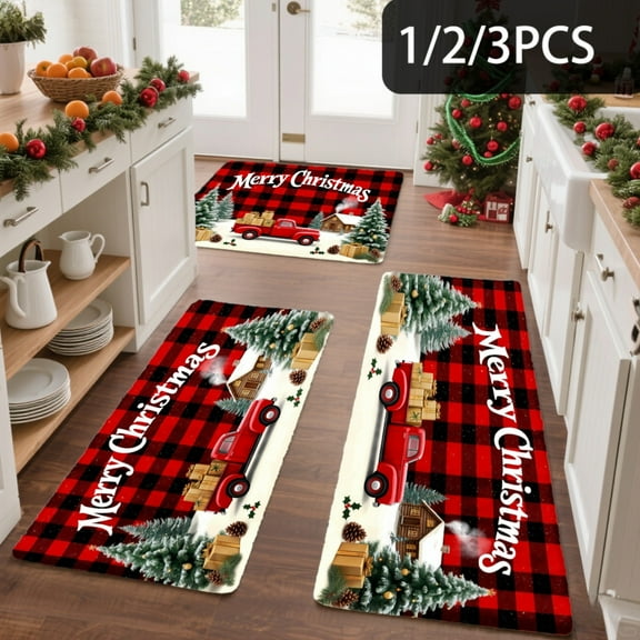 3PCS Kitchen Mat set, Welcome Door Flannel Rug,Home Decor for Front Door,Kitchen, Bathroom, Merry Christmas Red Truck Pattern ,Great gift for Family and Friends.