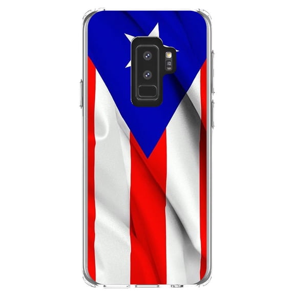 DistinctInk Clear Shockproof Hybrid Case for Samsung Galaxy S9  PLUS (6.2" Screen) - TPU Bumper, Acrylic Back, Tempered Glass Screen Protector - Red White Blue Puerto Rico Flag