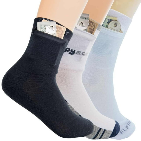 Flippysox Zipper Sock Wallet (3 Pack) - Cotton & Polyester Zipper Socks with Pockets - Fits shoe size 6-13 - Black, White, Grey