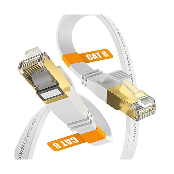 wonima11 Cat8 Ethernet Cable 6FT-White-40Gbps,High Speed Flat Patch Cord,Gold-Plated RJ45 Double Shielded with Ground Wire Cat 8 LAN Line for PS5/4,Xbox,Hub,Router,PC,NAS