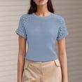 thumbnail image 2 of MIXUE Womens Summer Tops Solid Color Round Neck Lace Trimmed Short Sleeve Hollow Out Stylish Casual Pullover T-shirts Sportwear,Blue,M, 2 of 4