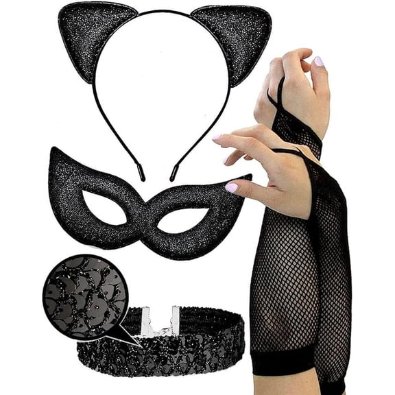 4 Piece Glitter Cat Costume  Set for Women with Cat Ears  Headband, Mask, Sequined  Collar Choker, and Fishnet  Arm Sleeves