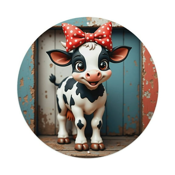 Cute Cow Vintage Round Metal Tin Sign Nostalgic Metal Sign Home Decor for Bar Garden Kitchen Restaurant Garage 8x8 Inch