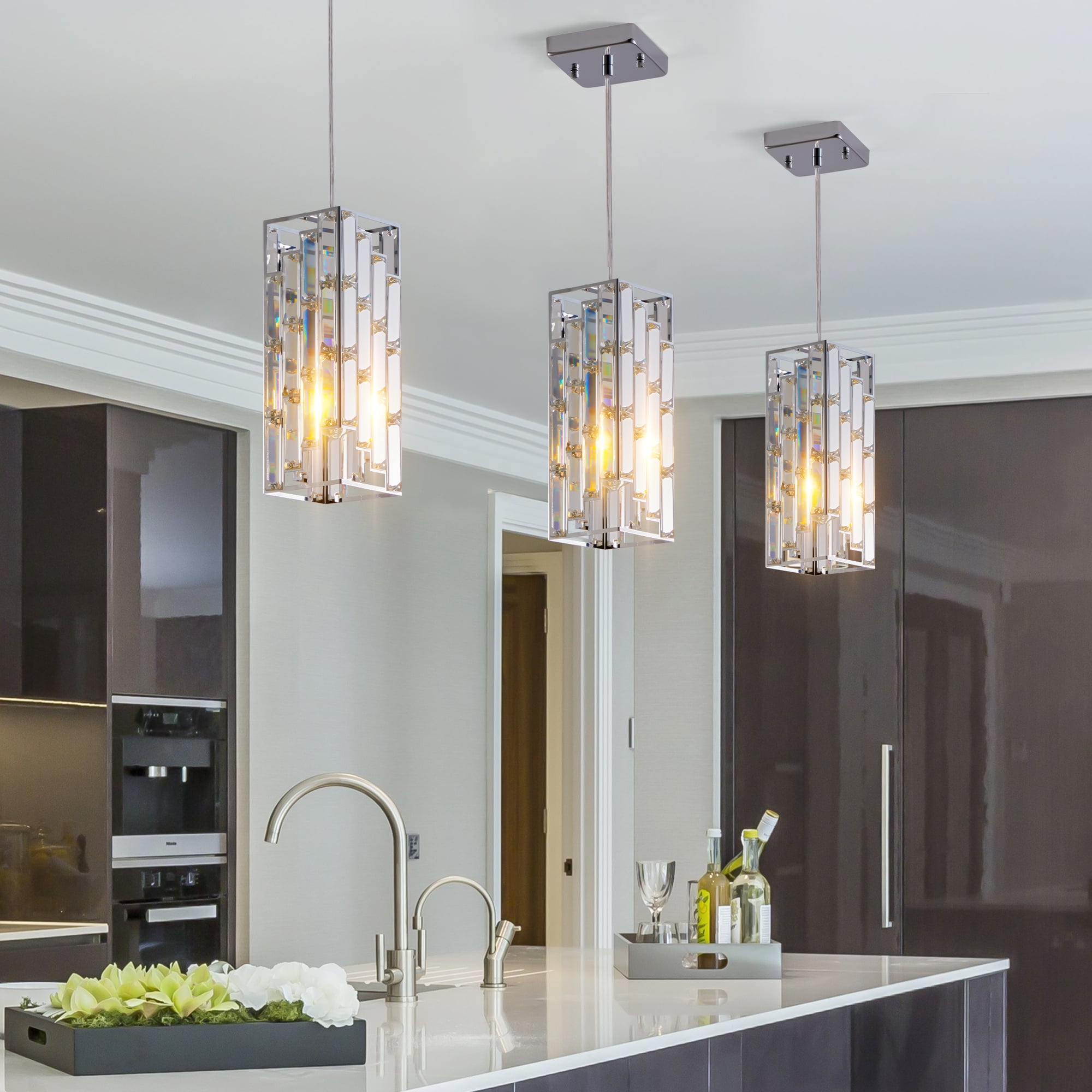Miniyam Modern Crystal Pendant Light, 3-Pack Adjustable Hanging Ceiling Lamp for Dining Room, Chrome