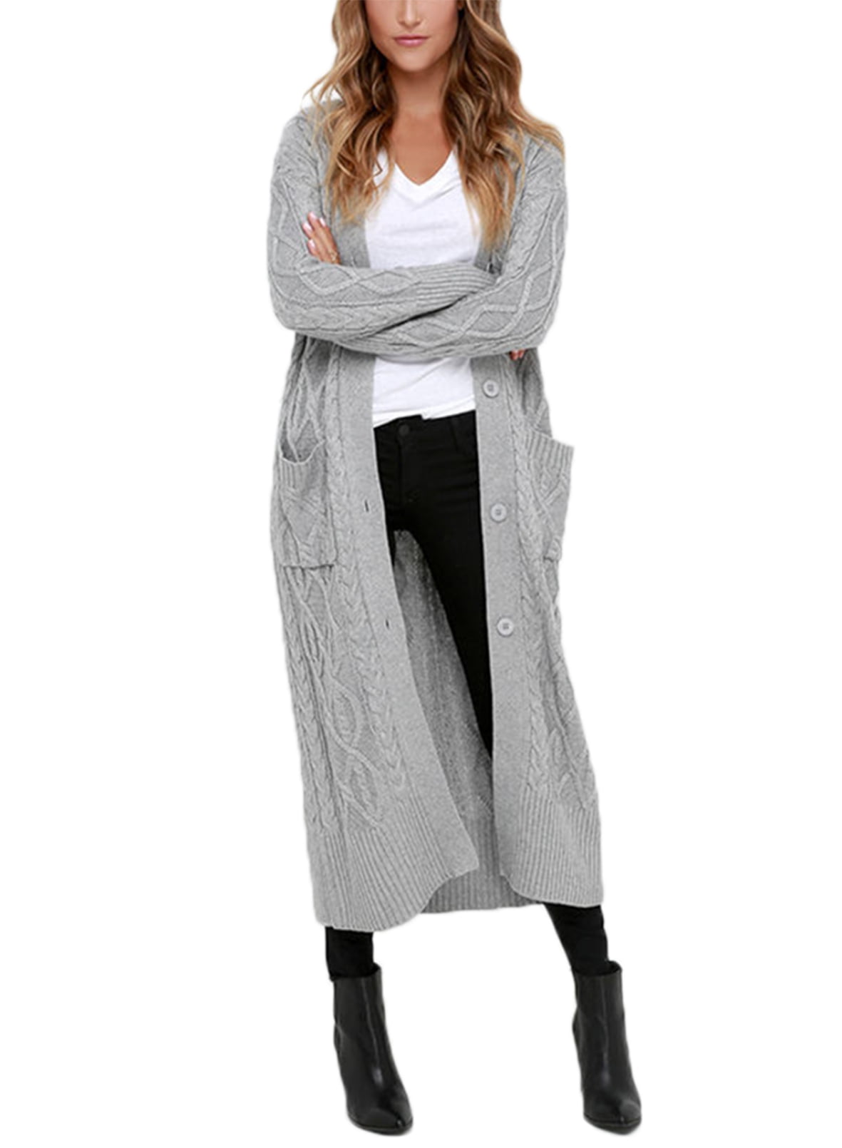 Aleumdr Long Maxi Cardigans Open Front Button Down Cable Knit Cardigan