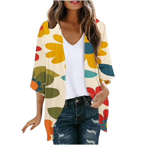 miqiqism Women's Floral Print Cardigan Teen Girls Fashion Fashion Long Sleeve Pleated Ruffle Coat Juniors Cozy Open Front Flowy Lightweight Blouses Tops,Orange,Small