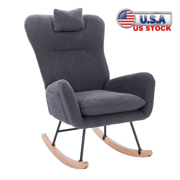 Tcbosik Rocking Chair, Teddy Upholstered Glider Rocker, Accent Chair with High Backrest, Comfy Armchair for Living Room, Bedroom, Dark Grey